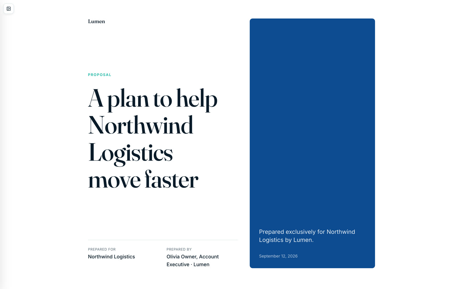 A published proposal as the buyer sees it: a branded web page with the cover and prepared-for details.