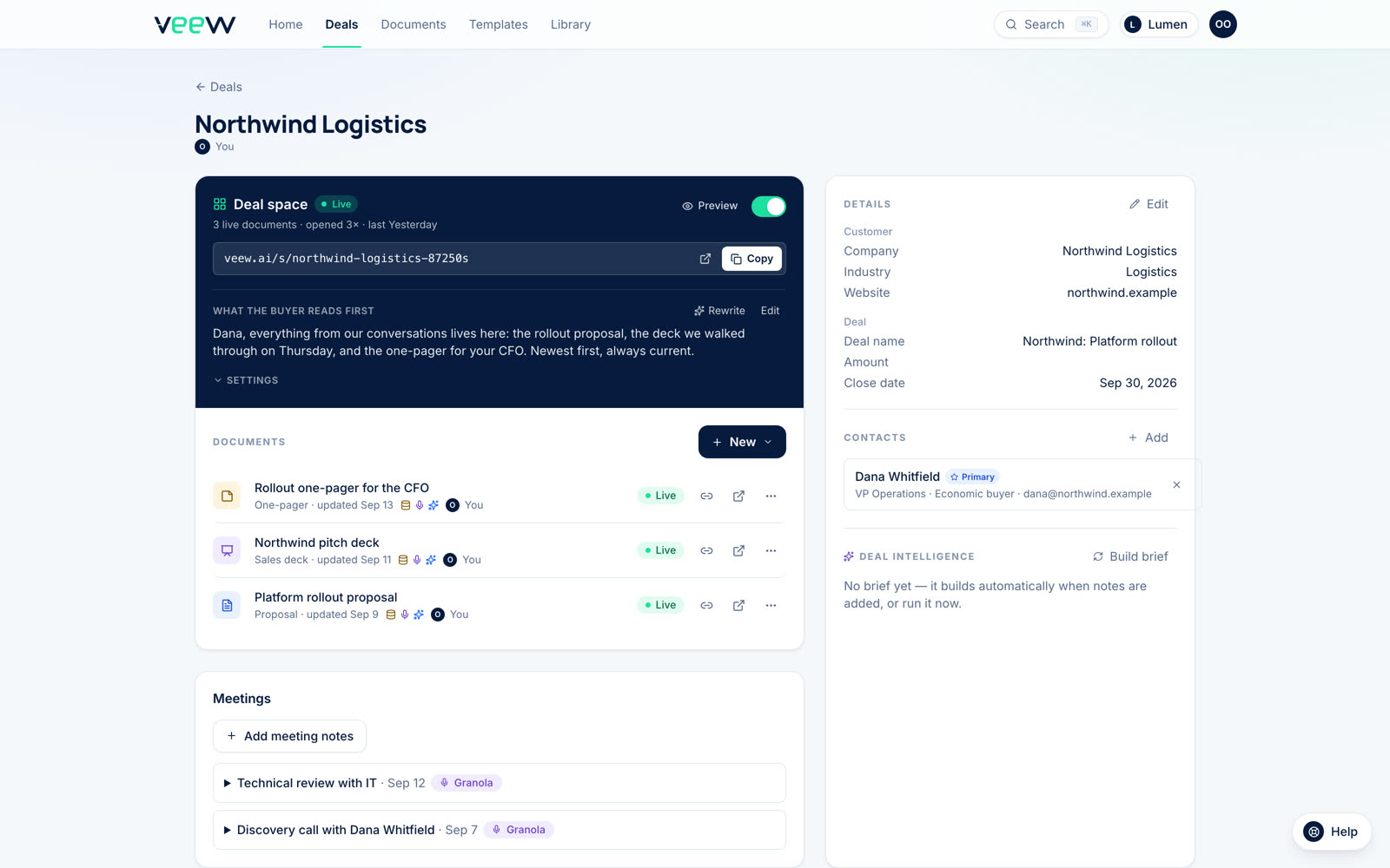 A deal in Veew: the live deal space link, three published documents, two meetings synced from a notetaker, and the CRM contact.