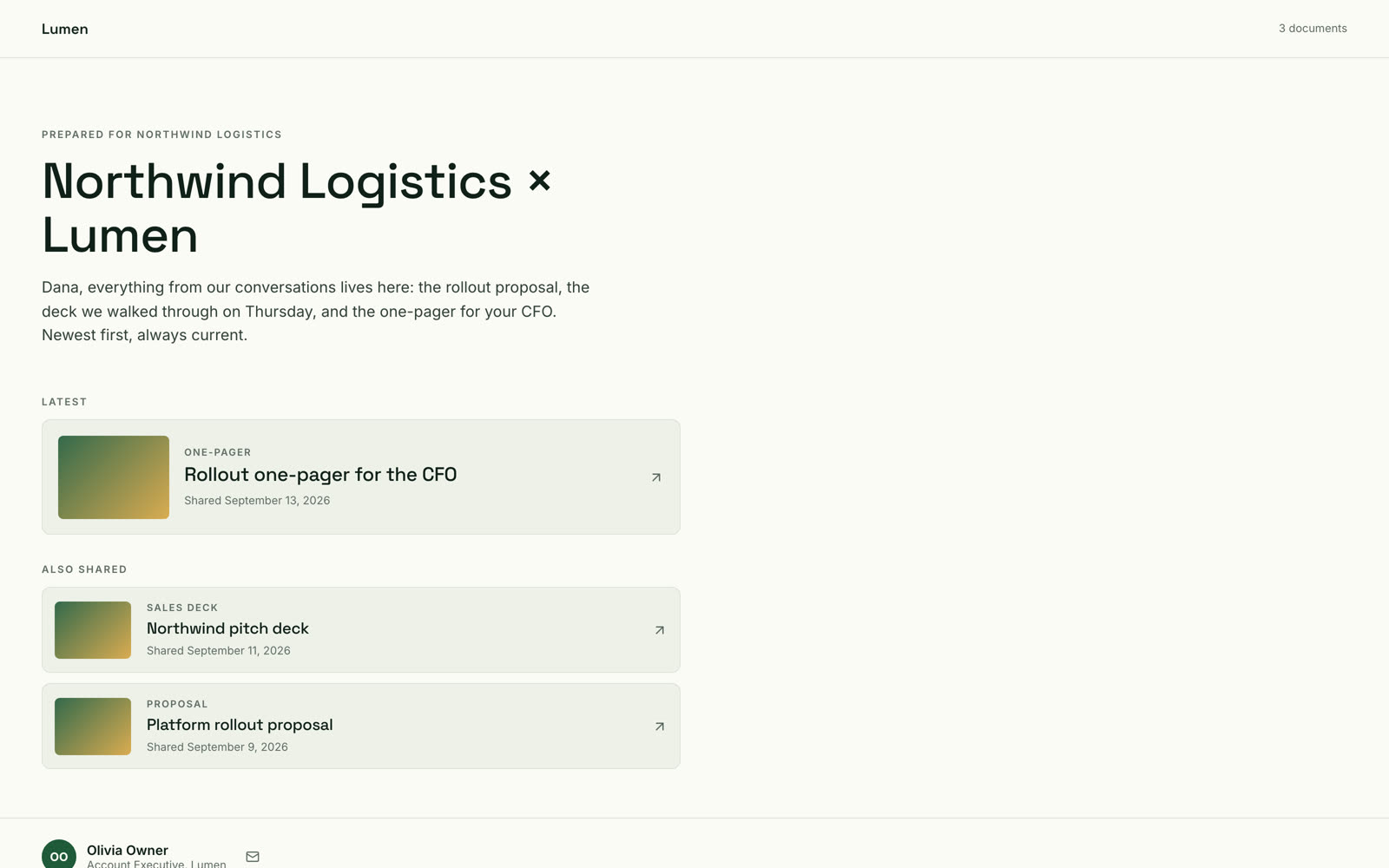 A deal space: one branded page listing the one-pager, sales deck, and proposal shared for the deal, newest first.