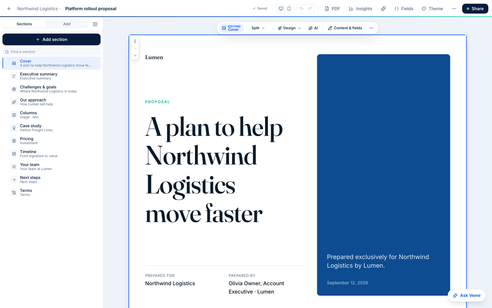 The Veew editor with an AI-drafted proposal for Northwind Logistics: section outline on the left, the cover on the canvas, AI and design controls above it.