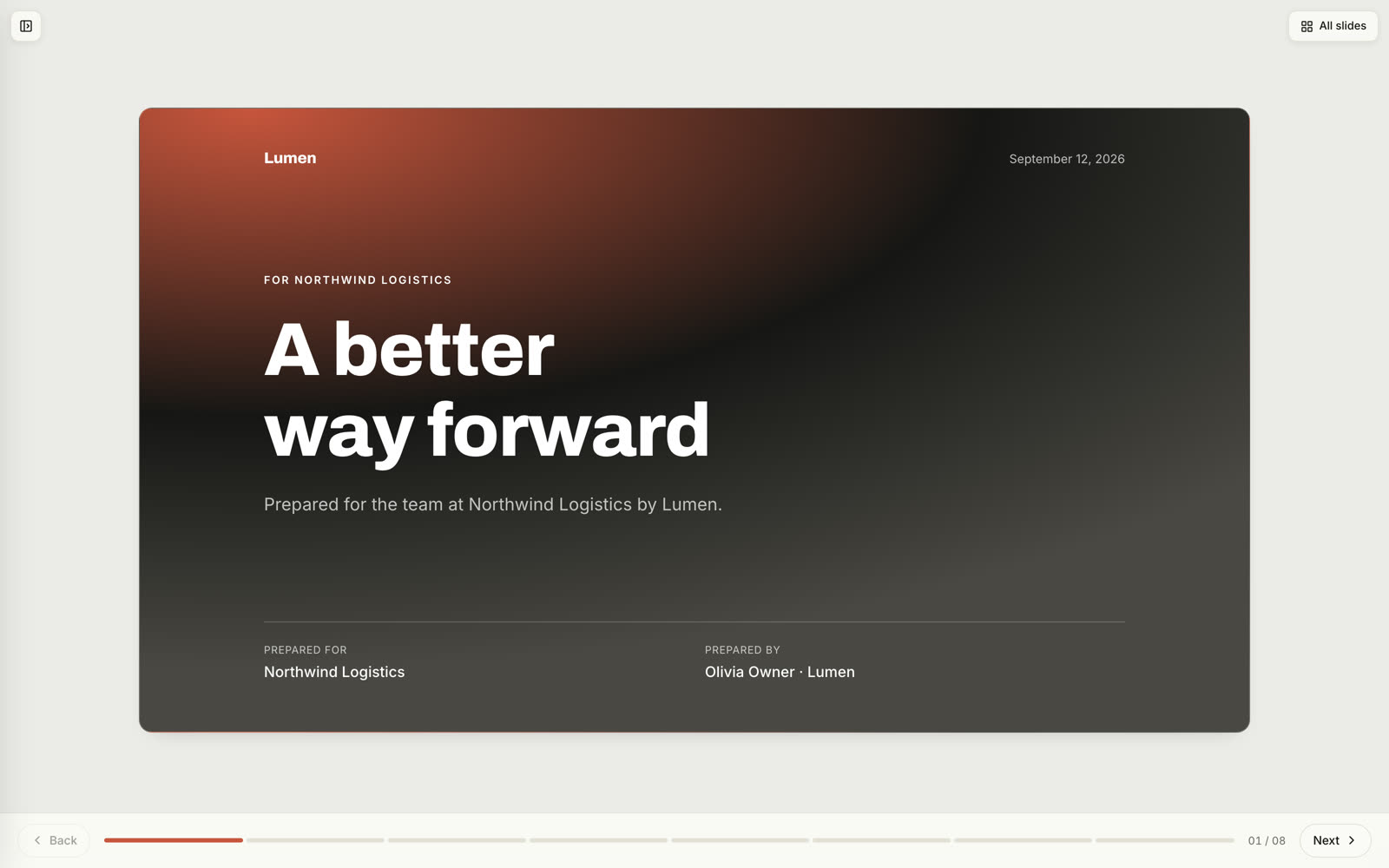 A sales deck as the buyer sees it: the cover slide in the browser with slide navigation below.
